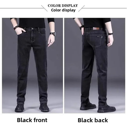 High-End Men's Fleece-Lined Thick Stretchy Straight Leg Jeans 2025 New Style Loose Fit Smoke Grey Trousers for Men.
