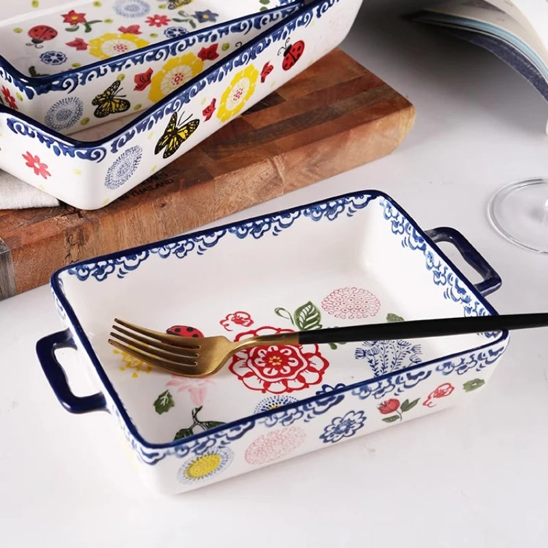 Rectangular/elliptical Double Ear Plate Cheese Baked Rice Tray Ceramic Baking Tray Oven Household Large Square Plate Tableware.