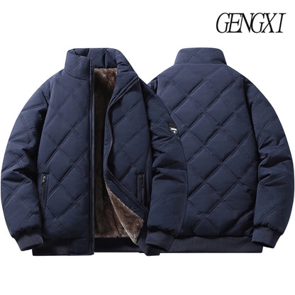 New Windproof Thermal Diamond-Quilted Cotton Jacket Winter Men's Fleece-Lined Thickened Cuff Design Stand-Up Collar Jacket.