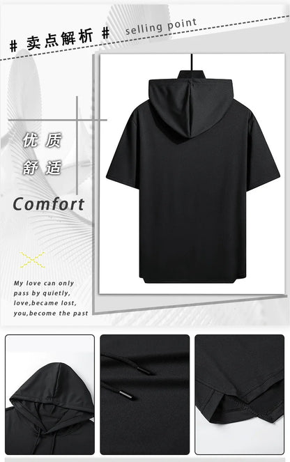 2025 Men's Summer Hoodies T-shirts Short Sleeve Solid Color Loose Hooded Drawstring Pullover Tops Basic Tees for Daily Wear Male.