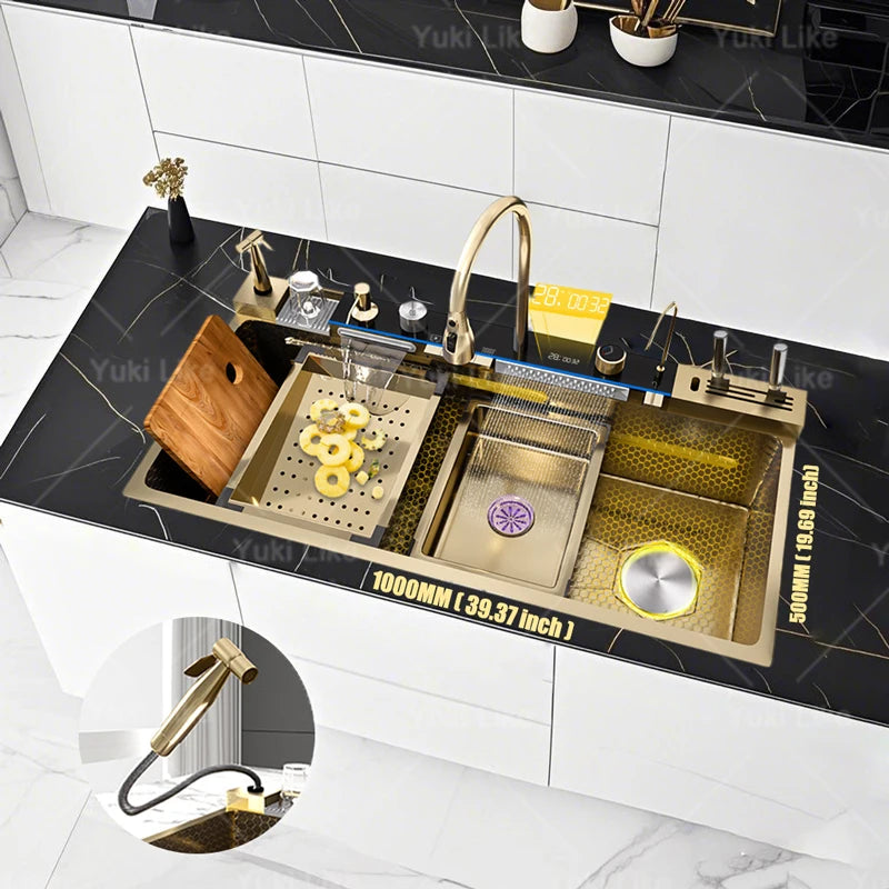 New Stainless Steel Waterfall Kitchen Sink  Large Single Slot Many Different Styles of Sinks Multifunctional Wash Bowl