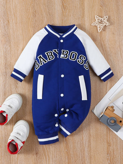Modischer, langärmliger, süßer und personalisierter Baby-Jungen-Overall mit Rundhalsausschnitt und Buchstabendruck.