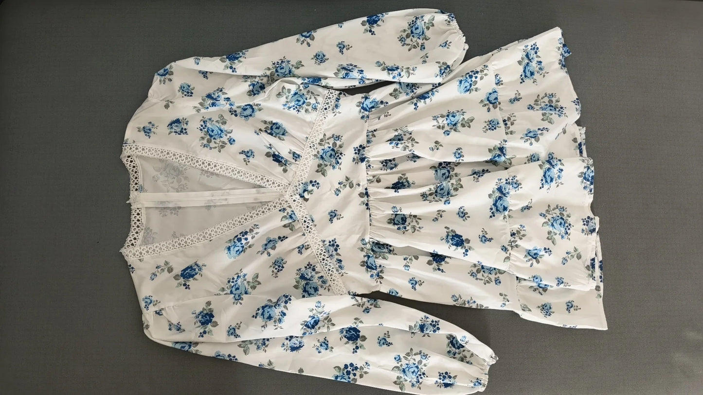 Frühling Herbst frauen Neue Kleid Temperament Süße Druck V-ausschnitt Laterne Hülse Spitze Hohe Taille Kurzes Kleid.