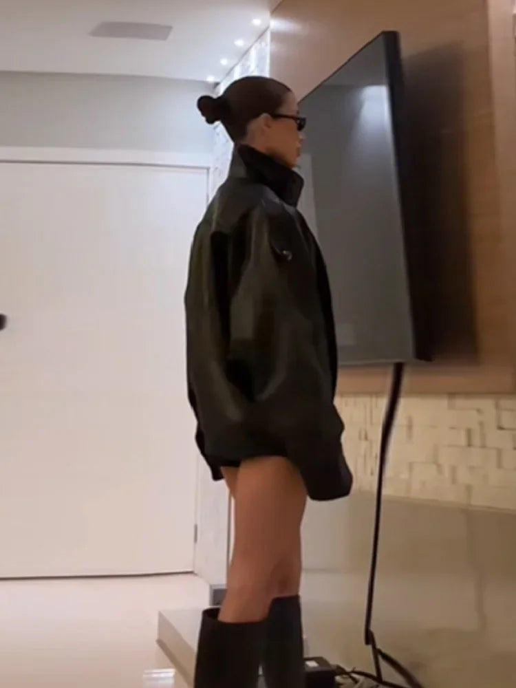 Street PU Leather Loose Jacket Women Fashion Solid Full Sleeve Stand Collar Single Breasted Coats Female 2025 Autumn Lady Coat.