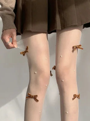Sweet Japanese JK Bow Pearl White Stockings Sexy Women Lolita Ultra-thin Anti Hook Silk Pantyhose Compression Socks.