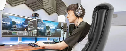 JHK Ergonomischer PU-Leder gepolsterter Armlehnen-Wohnzimmer-Schaukel-Gaming-Stuhl, drehbares Rad mit Lordosenstütze, Gaming-Stühle