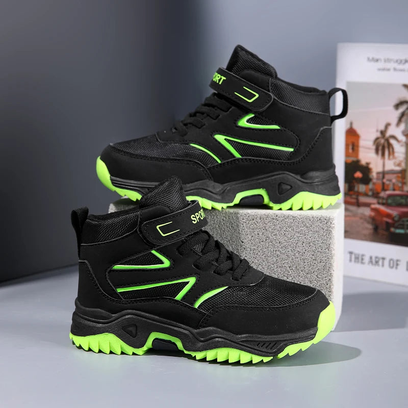 New Boys' Sports Shoes Non-slip School Children's Leather Breathable Running Black Fashion Hiking Shoes Sneaker Size 29-40.