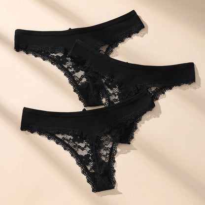 3Pcs Sexy Lace Thong Panties Women Hollow Floral Embroidery Underwear Low Waist Breathable Transparent Lingerie Briefs.