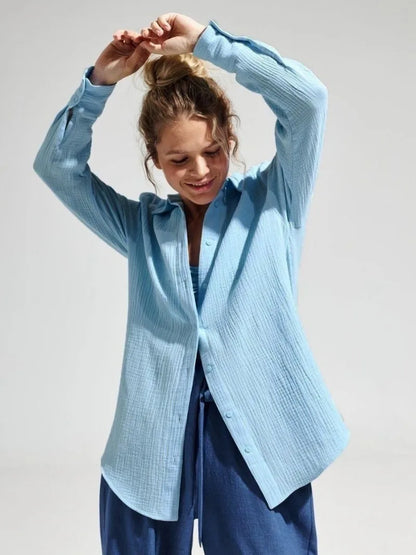 Muslin 100% Cotton Gauze Crepe For Women Shirts Blouse Turn Down Long Sleeve Single-Breasted Office Lady Loose Top Blusas Mujer.