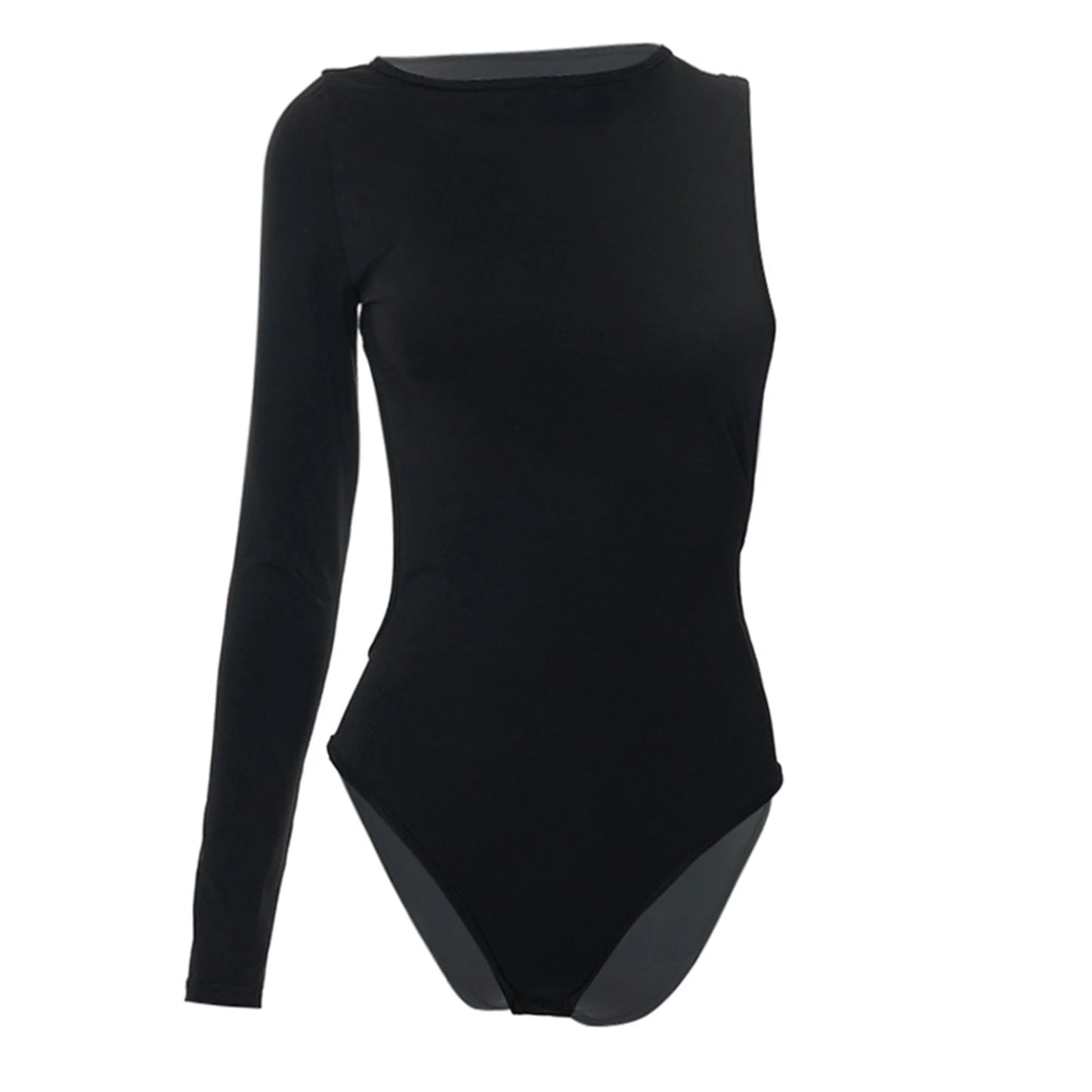 Women Spring Summer One-Side Long Sleeve Off Shoulder Backless Solid Color Casual Party Bodysuit Black Tops.