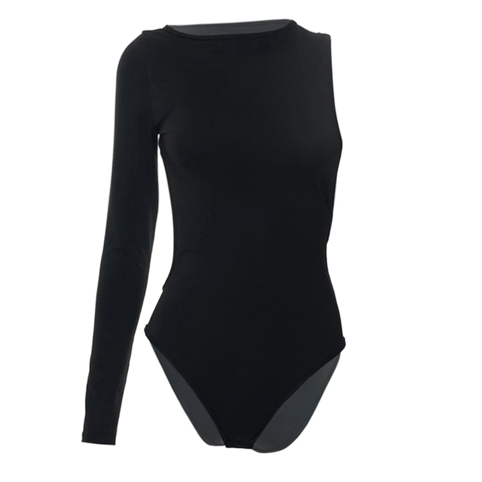 Women Spring Summer One-Side Long Sleeve Off Shoulder Backless Solid Color Casual Party Bodysuit Black Tops.
