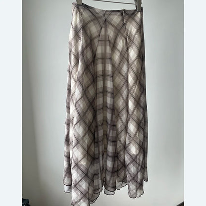 Flowing Check Midi Skirt 2025 Spring Summer New Retro Long Skirt Seaside Holiday Casual Brown Women Clothing.