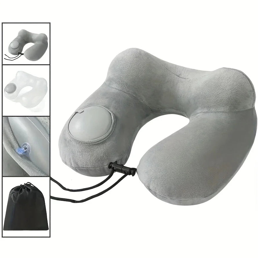 1 press type inflatable pillow U-shaped pillow, foldable U-shaped double hump neck pillow, portable outdoor travel pillow.
