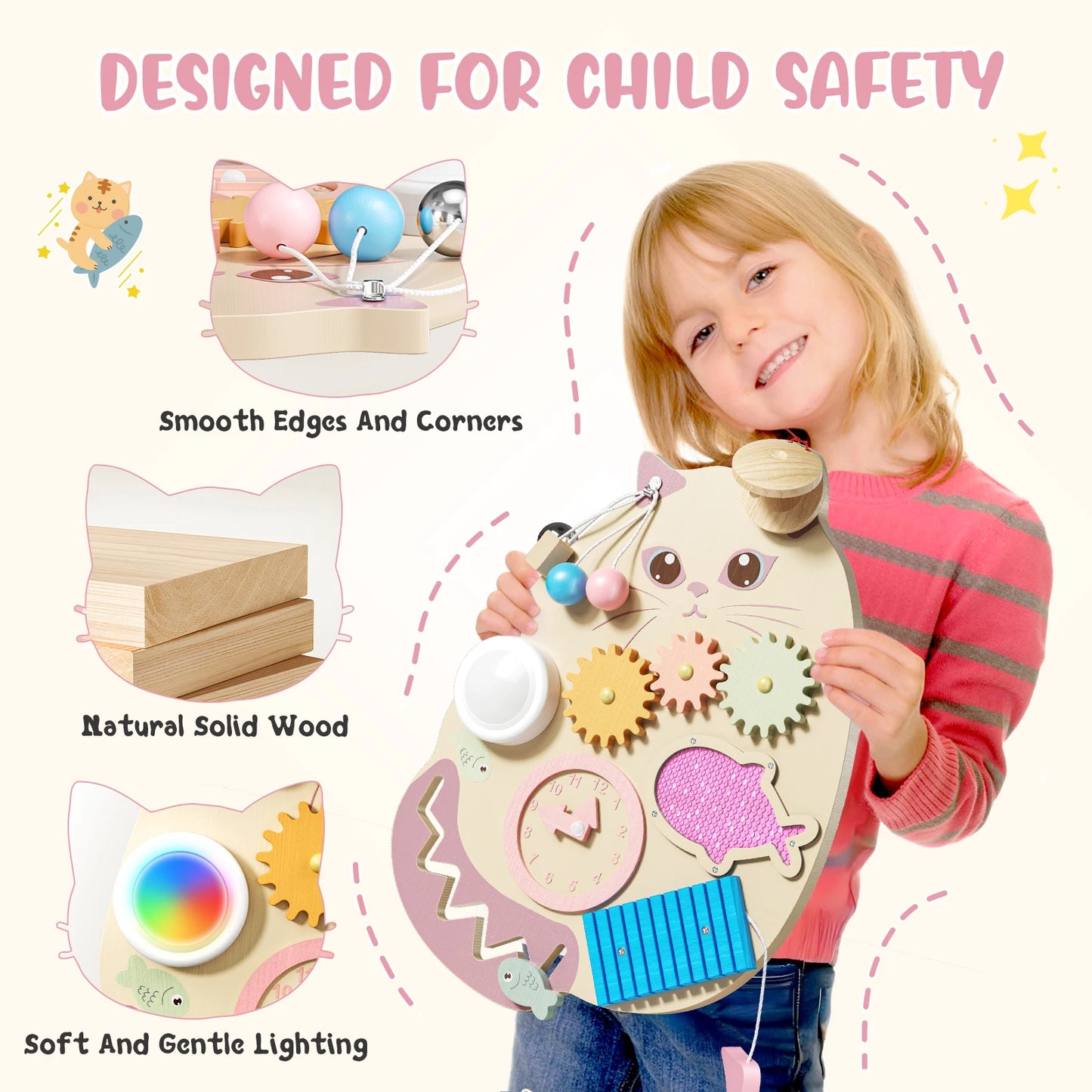 Montessori Board, Busy Board, Montessori Board, Sensory Board Wood Develop Fine Motor Skills For Children From 3 To 6 Years Old.