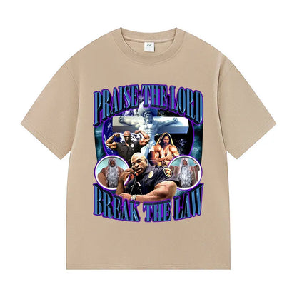 Praise The Lord Break The Law Ronnie Coleman Pump Cover Gym Funny Meme T Shirts Men's Retro Fashion Cotton Short Sleeve T-shirt.