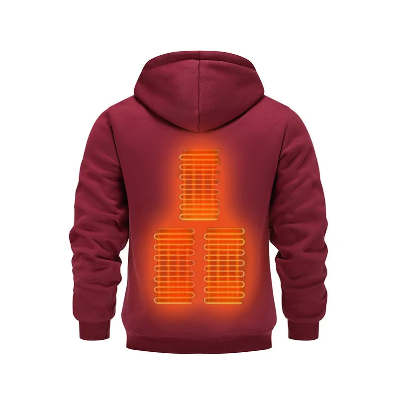 Mens USB Heated Jacket Winter Electric Heating Sweatshirt with Hood Warm Rechargeable Thermal Clothing for Outdoor Sports Skiing.
