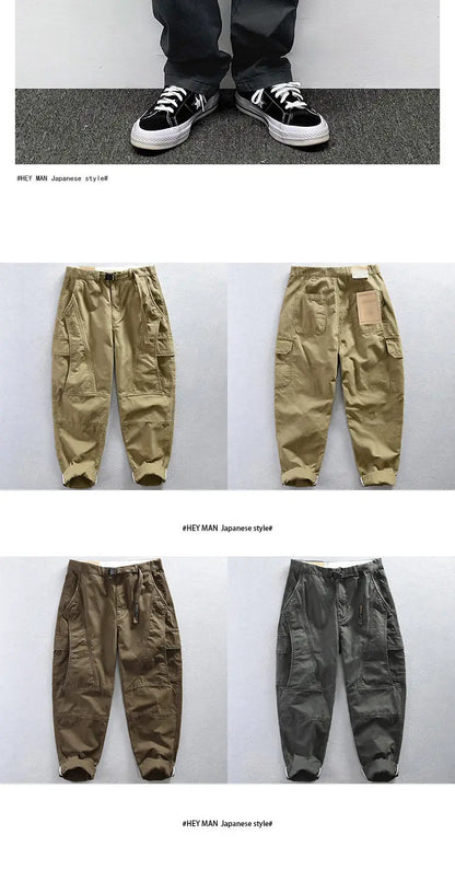 Autumn Men's Pants Multi-Pocket Cargo Pants Retro Solid Color Simple Loose Button Elastic Strap Casual Pants.