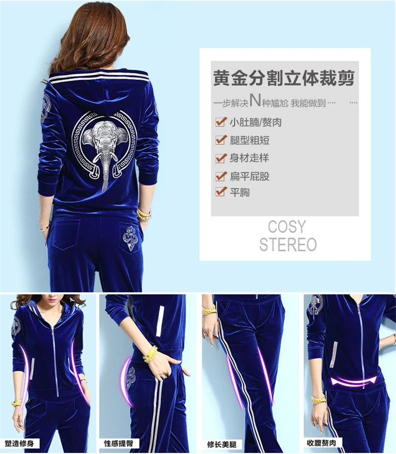 Korean Print Velvet 2 Piece Set Casual Hooded Women Outfit Harem Pant Suits Tracksuit Velour Jogging Femme Spring Fall Conjuntos.