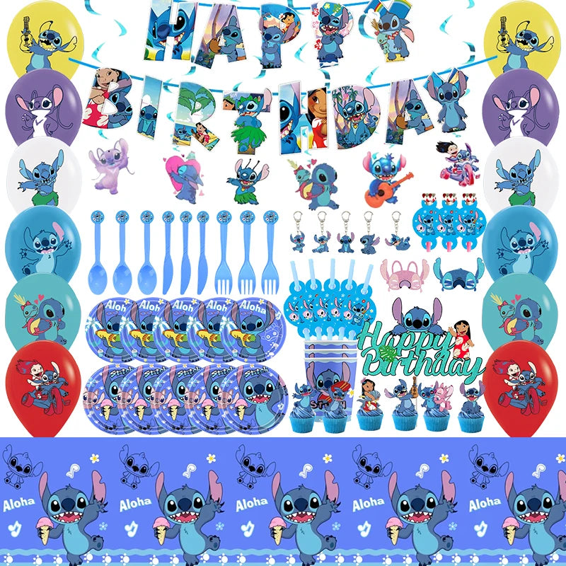 Stitch Party Supplies für Kinder Lilo und Stitch Geburtstag Party Dekorationen Luftballons Banner Tischdecke Hintergrund Geschirr.