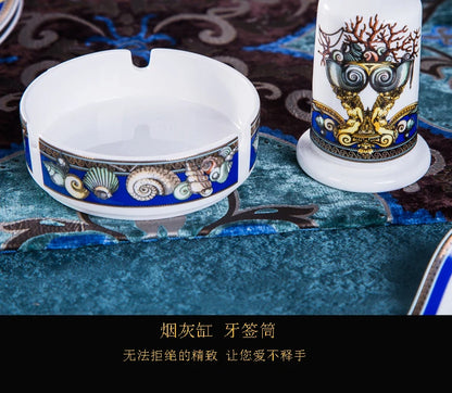 Luxury Blue Ocean Bone China Dishes Plates Western Clubhouse Upscale Heart Of The Sea Ceramic Tableware Decorative Plate.