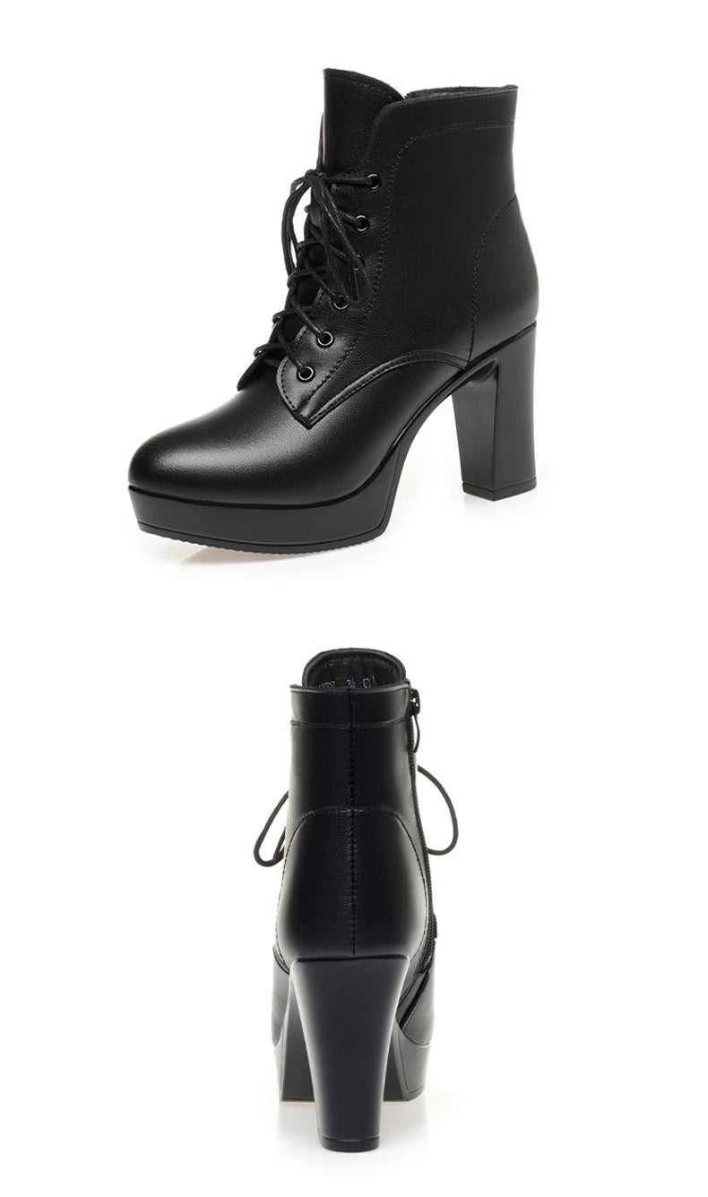 WOIZGIC Laides Women's Female Genuine Leather Ankle Boots Winter Autumn Fur Plush Wool Warm High Heel Motorcycle.