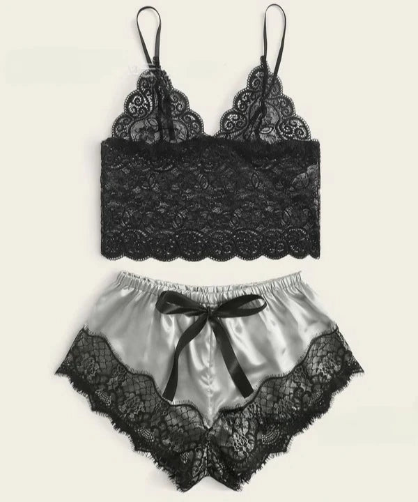 Sommer 2Pcs frauen Neue Sexy Spitze Sehen-Durch Pyjamas Schwarz Rosa Nette Kleidung Atmungsaktivem Hosenträger Shorts set