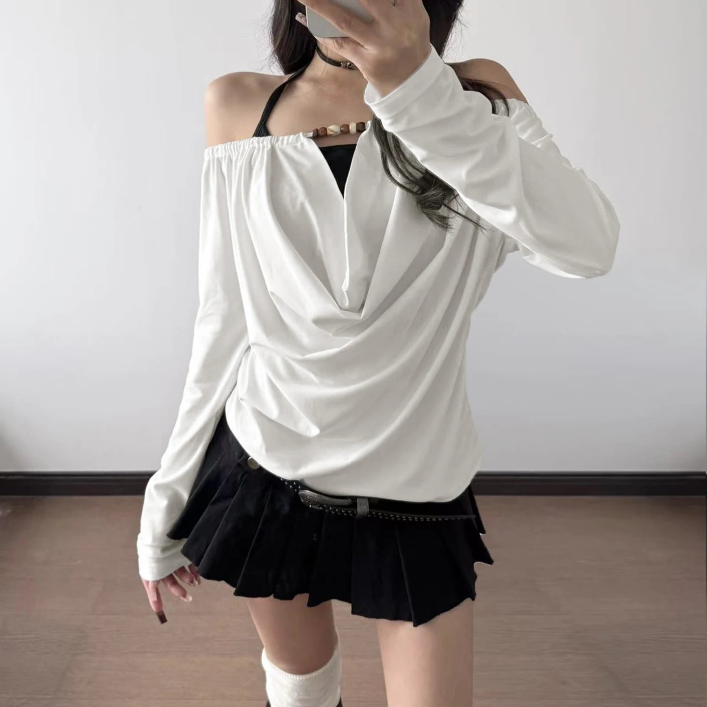 2025 Autumn Winter Women Korean Fake Two Pieces Slash Neck Top 2000s Long Sleeve T-Shirt Kpop Tees Y2k Design Coquette Gyaru New.