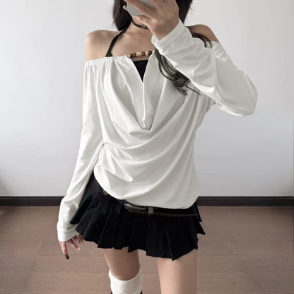 2025 Autumn Winter Women Korean Fake Two Pieces Slash Neck Top 2000s Long Sleeve T-Shirt Kpop Tees Y2k Design Coquette Gyaru New.