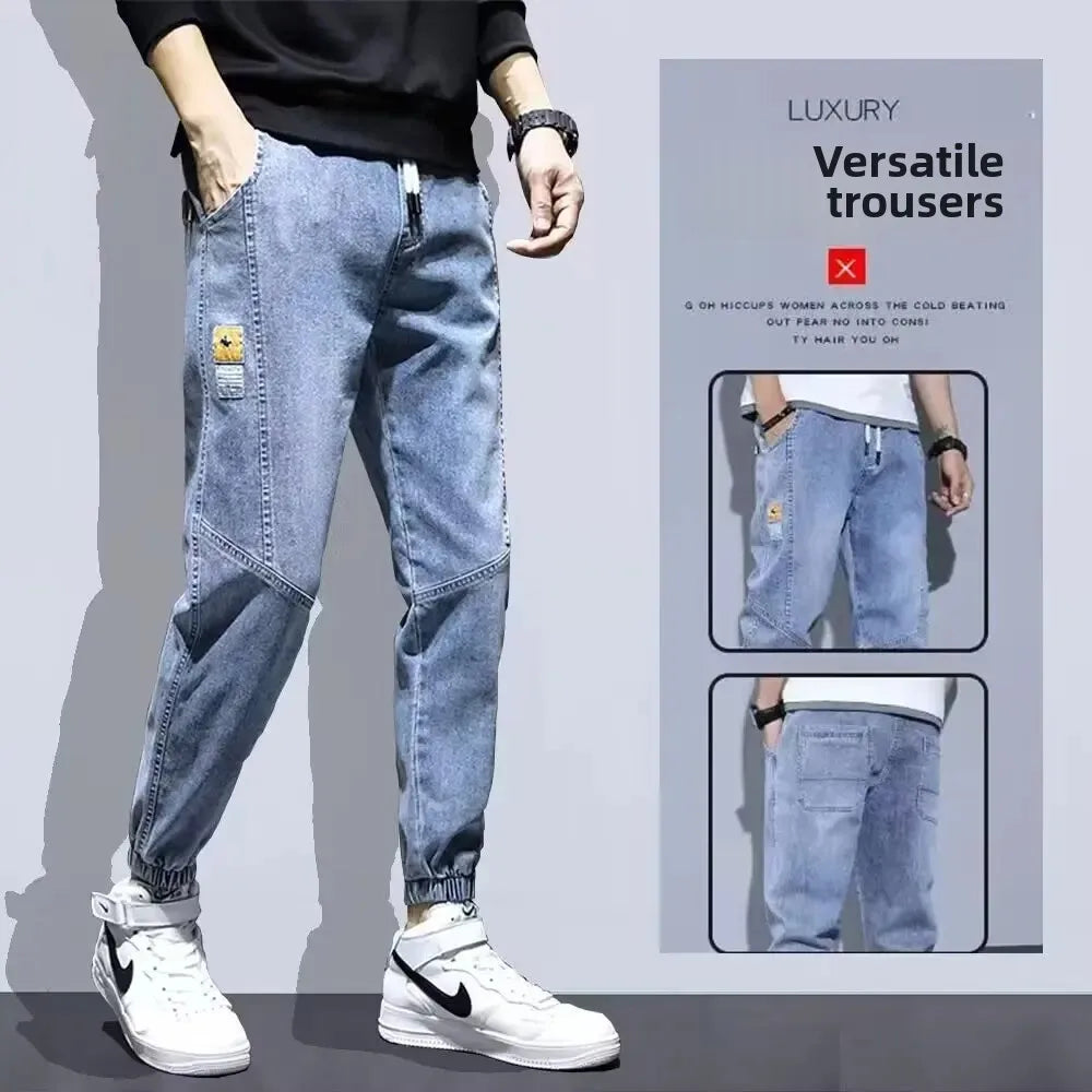 Lose lässige Harem-Jeans für Herren, trendige elastische Taille, einfache Neun-Punkte-Hose, gerades Bein, lockere Passform, Alltagskleidung, chinesische Marke.