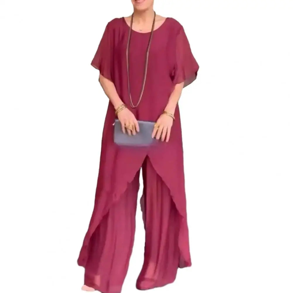 Women Cotton Linen Pant Sets 2 Pieces Casual Short Sleeve Solid Loose Blouse&High Elastic Waist Wide Leg Full Trousers Suits.