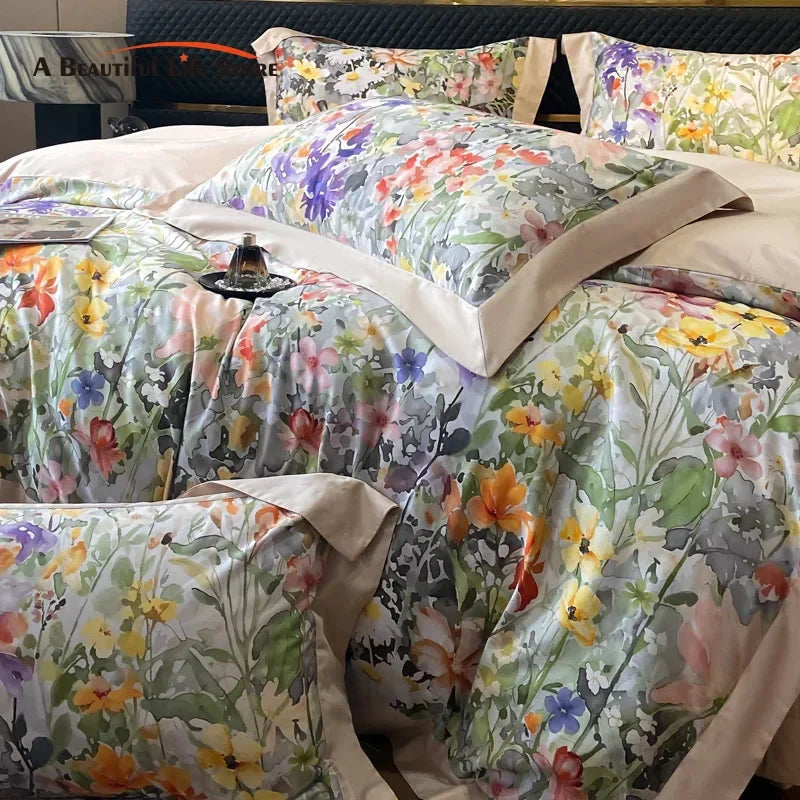 Floral Print 600TC Egyptian Cotton Bedding Queen King Comforter Cover Soft Duvet Cover Set Flat/Fitted Bed Sheet Pillowcases.