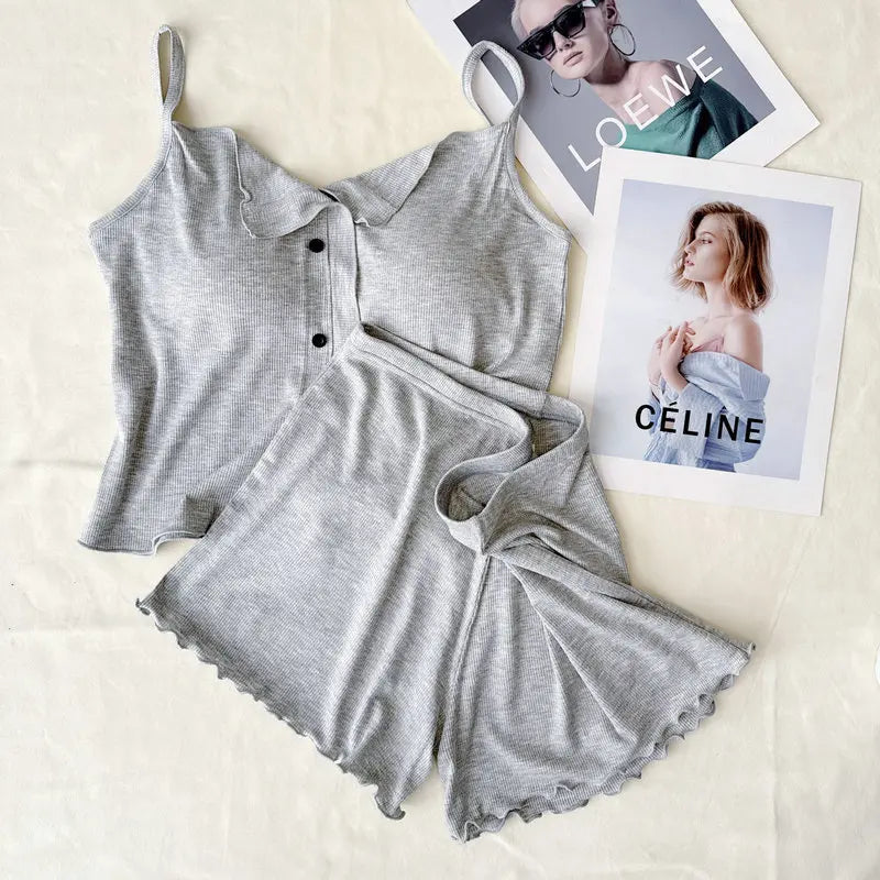 Conjuntos De Pijama Neue Sexy Baumwolle Sling Top Shorts Set Bh Pad Sommer Nachtwäsche Pyjamas Für Frauen Hause Tragen Nachtwäsche Anzug