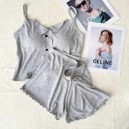 Conjuntos De Pijama Neue Sexy Baumwolle Sling Top Shorts Set Bh Pad Sommer Nachtwäsche Pyjamas Für Frauen Hause Tragen Nachtwäsche Anzug