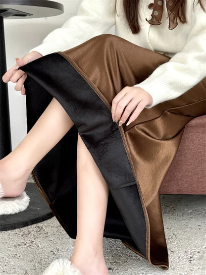 High Waist Women's Fleece-Lined Thickened Elegant Long Skirt Satin Mermaid Skirt Elegant Drapey Bodycon Skirt For Autumn Winter