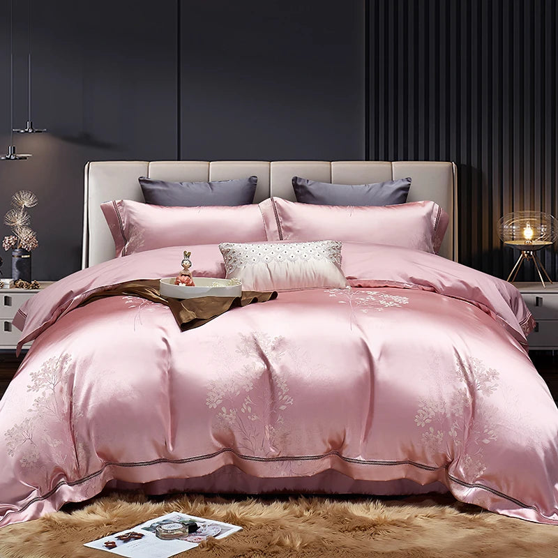 Luxury Satin Jacquard  Cotton Bedding Set Gold Leaves Egyptian Cotton Smooth Duvet Cover Set Flat/Fitted Sheet Pillowcases.