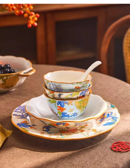 1PC Chinese-style Ceramic Plates New Flower-patterned Dinner Plates Ceramic Fruit Salad Plates Exquisite Kitchen Accessories.