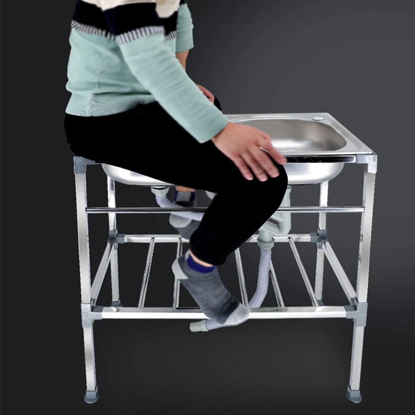 Edelstahlspüle, freistehendes Doppelschüssel-Küchenspülbecken mit Wasserhahn, Warm- und Kaltwasserrohr, Silber 75 * 40 * 83 cm