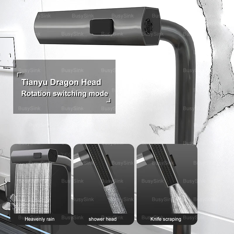 Household Digital Display Piano Button Waterfall Faucet Stainless Steel Kitchen Sink Large Single Bowl Multifunctional Wash Slot