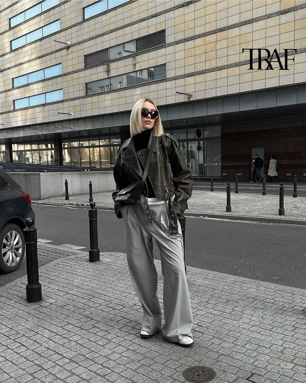 TRAF Damen Vintage lose Lederjacke Gürtel Schulter Abzeichen Zip Revers Jacke Handsome Washed Leder Motorrad Kleidung