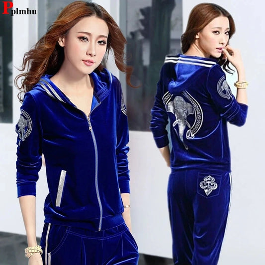 Korean Print Velvet 2 Piece Set Casual Hooded Women Outfit Harem Pant Suits Tracksuit Velour Jogging Femme Spring Fall Conjuntos.