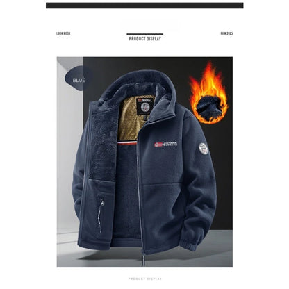 CHUJIE Men's autumn and winter fleece fashion graphenewarm hooded jacket outdoor hiking sports with thick fleece cardigan jacket.