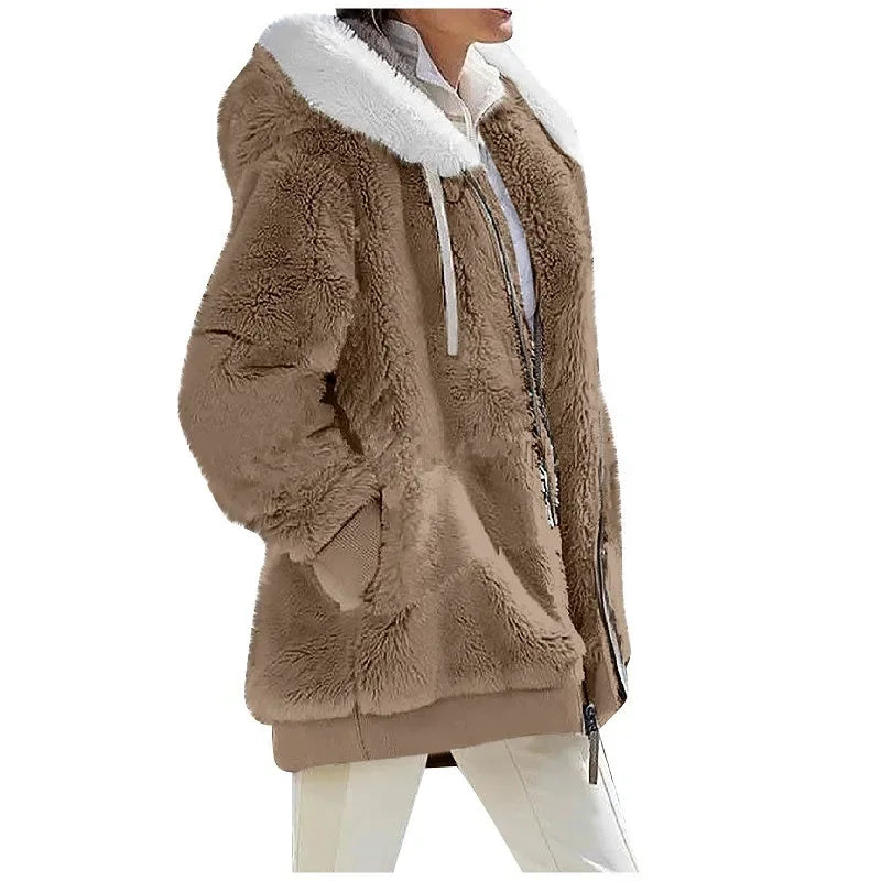 Herbst Winter Mode Damen mantel neue lässige Kapuze Reiß verschluss Dame Kleidung Kaschmir weibliche Fleece jacke einfarbige Damen mäntel