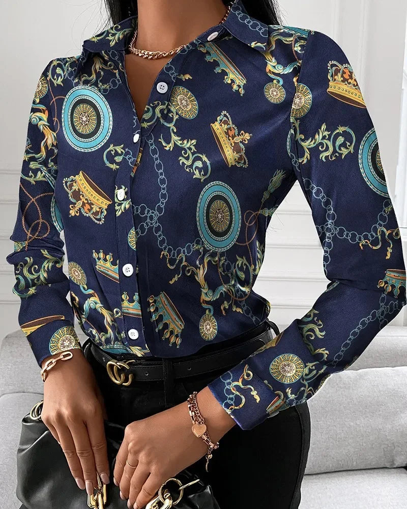 Summer New Women's Long-sleeved Shirt, Single-breasted Printed Shirts Fashion Casual Tops Camisa Female Chemise S-XXL.
