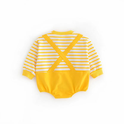 Cartoon gelber Bär gestreifter Body Frühling Herbst weiche Baumwolle Baby kleidung Overall Neugeborene Kleidung K6181-1.