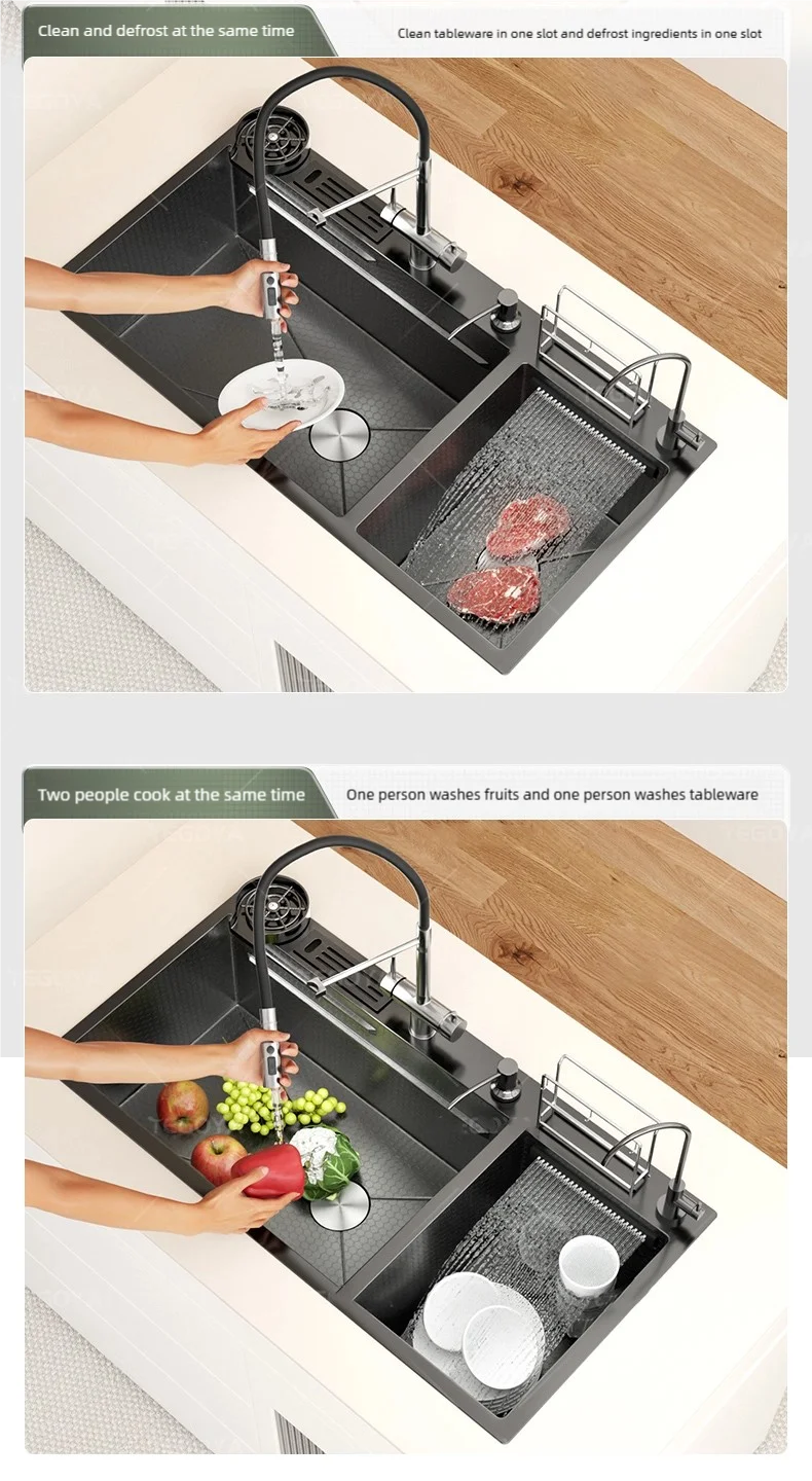 Waterfall Kitchen Sink Stainless Steel Large Double Slot With Chopping Board Rack Knife Holder Multifunctional Dishwash Basin