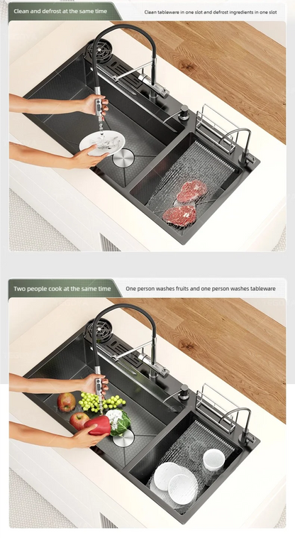 Waterfall Kitchen Sink Stainless Steel Large Double Slot With Chopping Board Rack Knife Holder Multifunctional Dishwash Basin