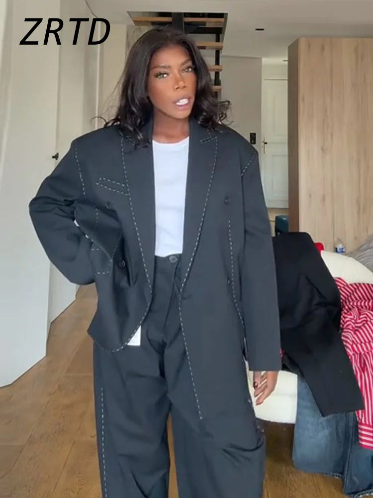 Fashion Line Suit Jackets Pants Sets Women Loose Lapel Double Breasted Blazer Pleated Wide Leg Pant 2025 Autumn Lady Office Suit.