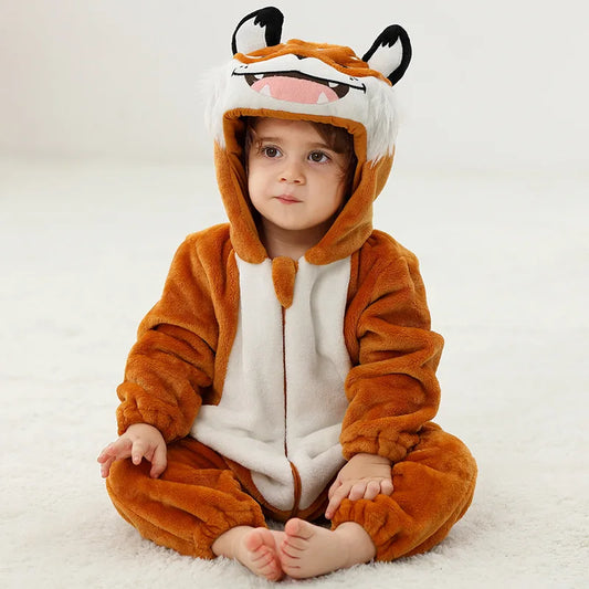 Lächeln Tiger Stram pler Baby Junge Mädchen Pyjama Neugeborene Bebe Kleidung niedlichen Bodysuit Flanell warme einteilige Winter Halloween Tier Outfit