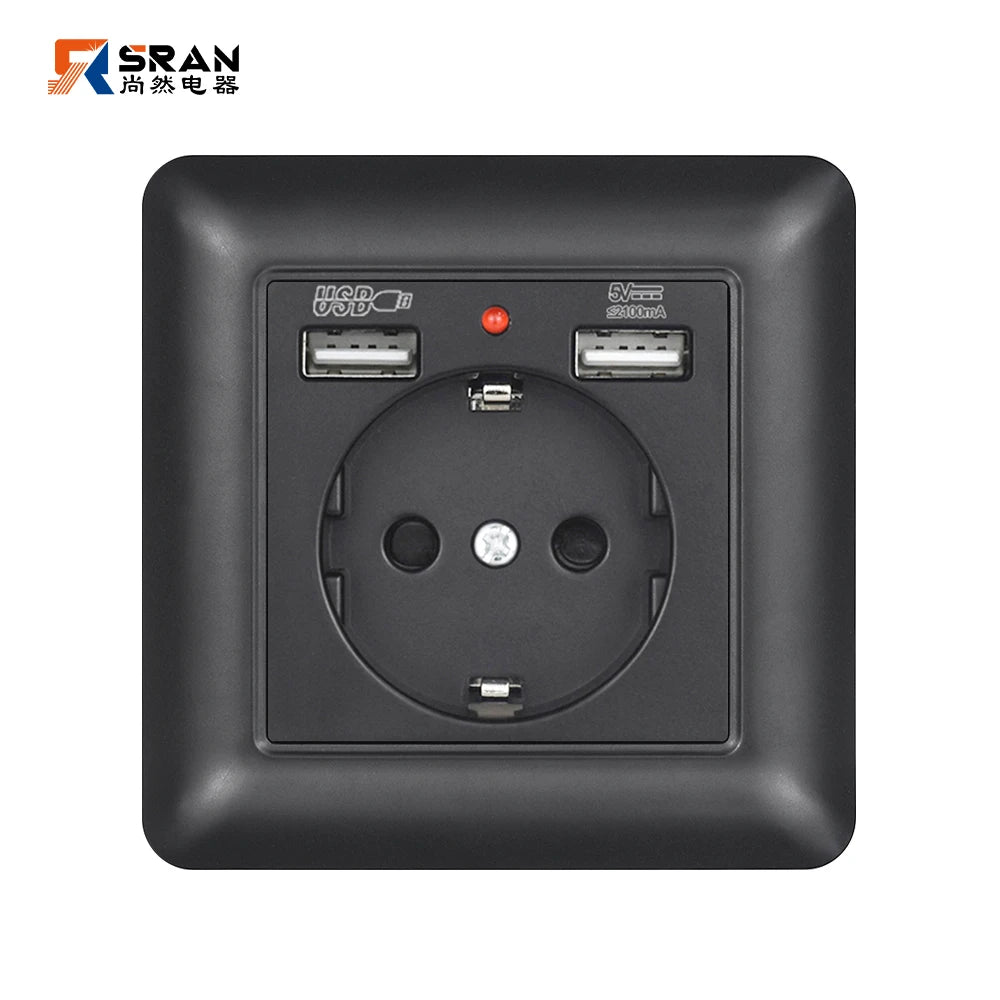 SRAN USB-Wandsteckdose, 20 W, schnelles Laden und 5 V, 2 A, EU-Standard, 82 x 82 mm, flammhemmendes PC-Panel, USB-Typ-C-Kombination.
