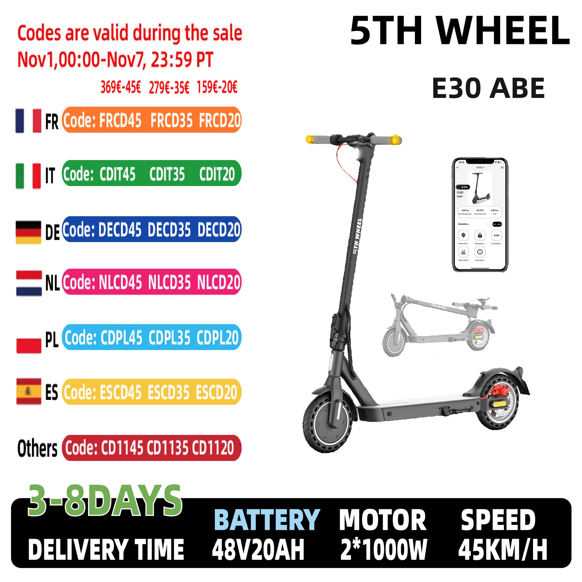 5TH WHEEL E30 ABE Adult Electric Scooter 350W Motor 36V 7.5AH Battery City Electric Scooter 8.5" Solid Tires Foldable E-Scooter.